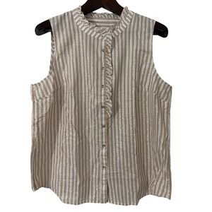 Talbots Womens XL Sleeveless Ruffle Neck Striped Metallic Top Tan White NWT